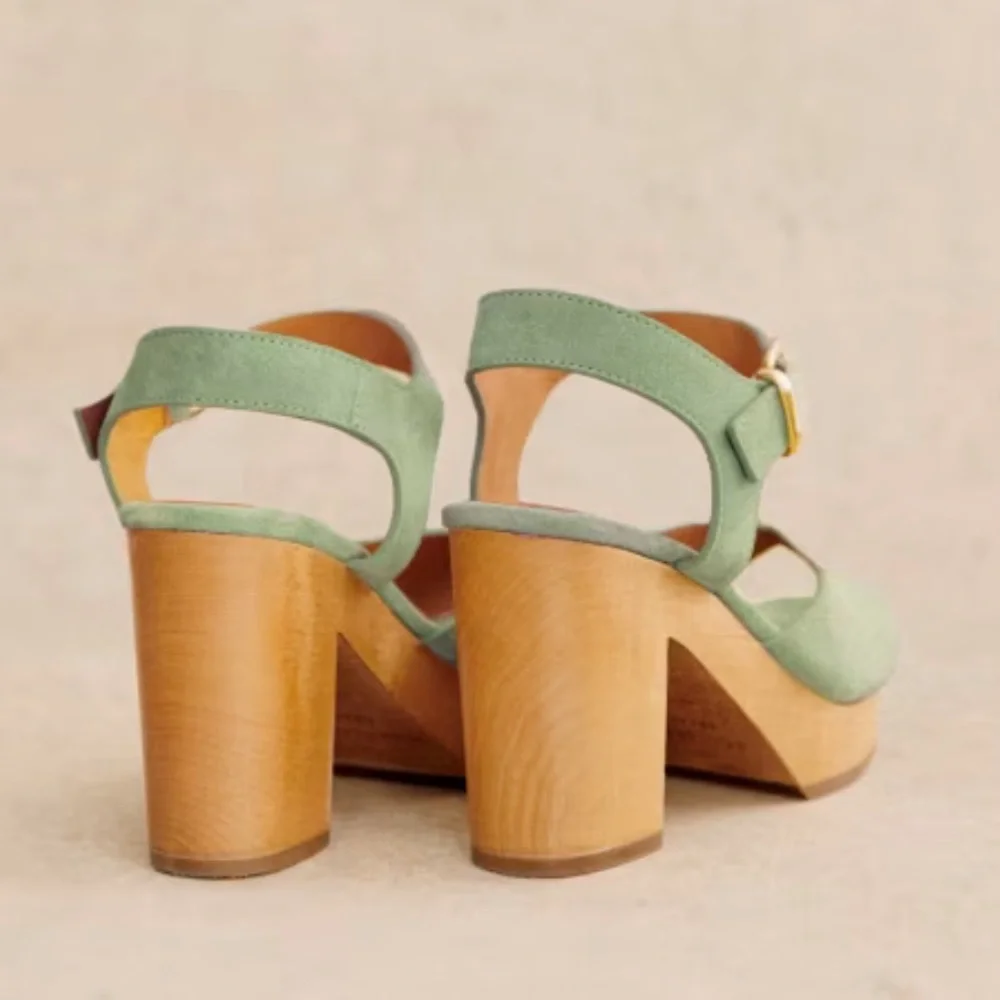 Sezane Platform Wooden FAUSTA CLOGS Almond Green Color FR Size: 39 or US 8 - Picture 3 of 13